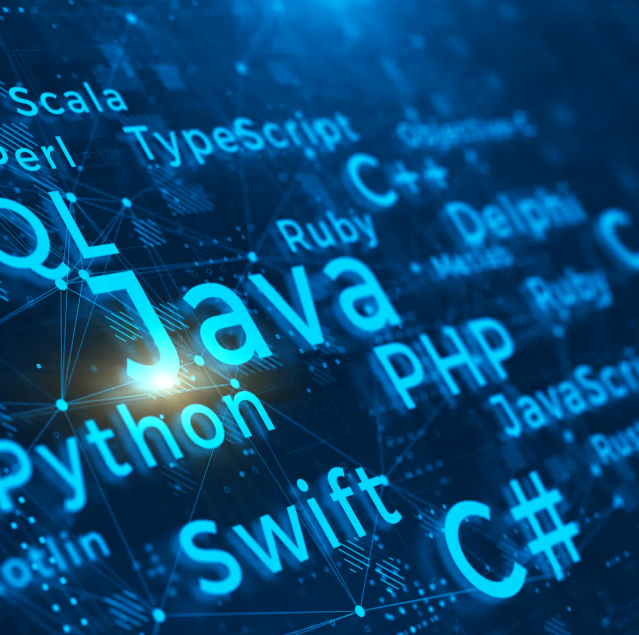 Different coding languages including Javascript, Python, C++ and others